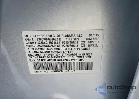 2015 Honda Pilot Exl z USA, uszkodzony, nr VIN 5FNYF4H53FB047283